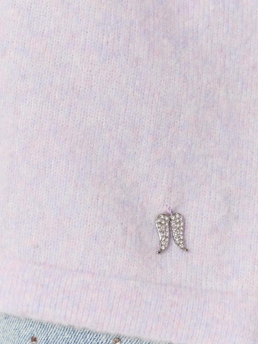 Berenice Pull Violet MANDREA – Col Rond Manches Courtes Maille Douce Ailes En Strass