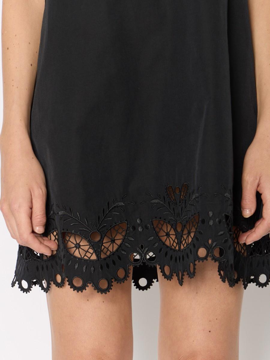 Berenice Robe Courte Noire RIZZY Coupe Ample Bretelles Larges Et Broderies Anglaises