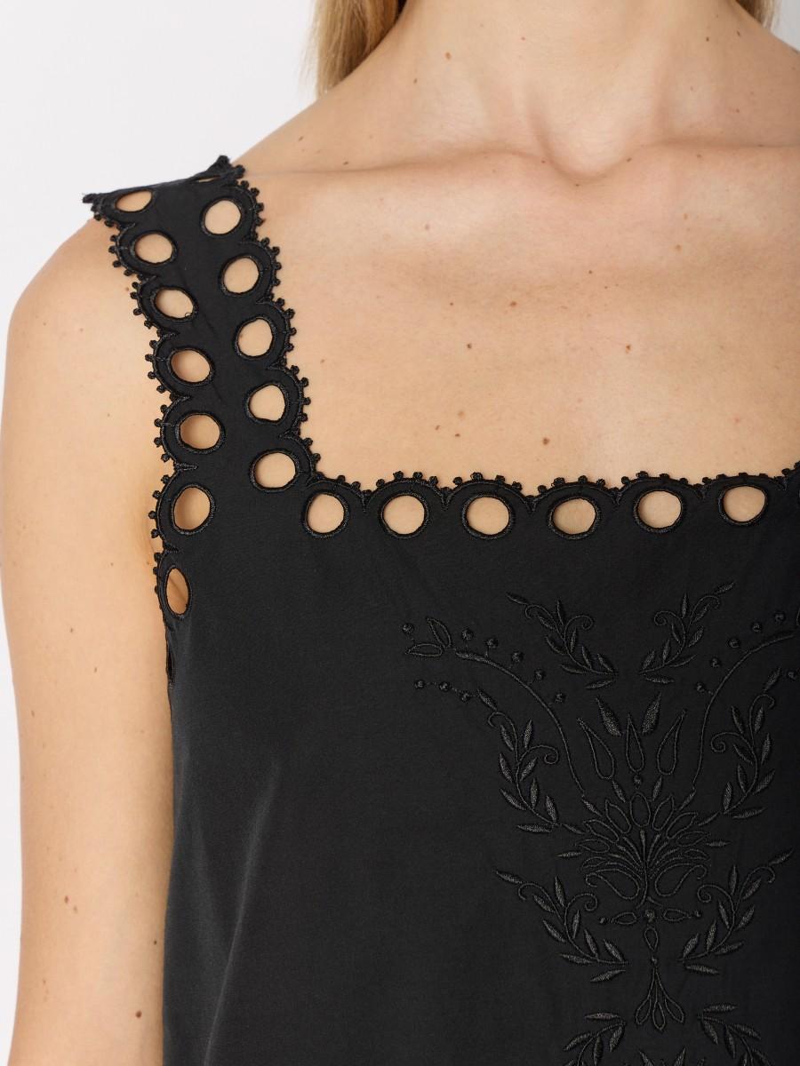 Berenice Robe Courte Noire RIZZY Coupe Ample Bretelles Larges Et Broderies Anglaises