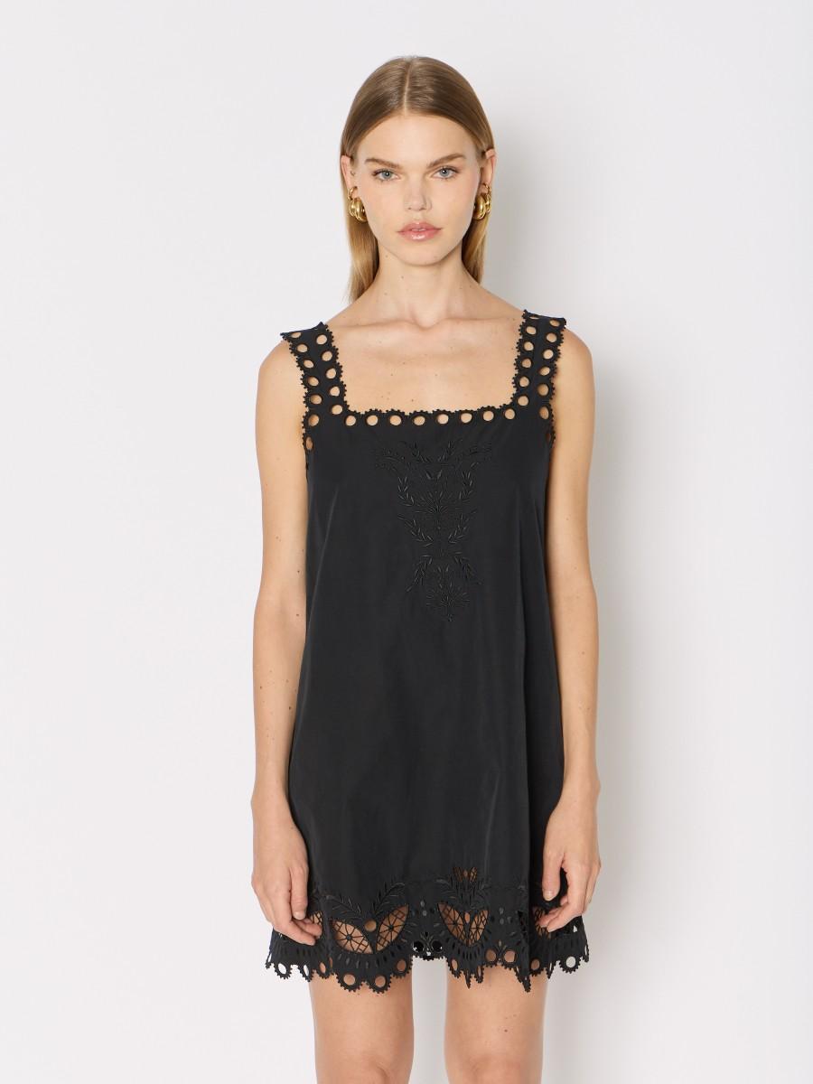 Berenice Robe courte noire RIZZY coupe ample bretelles larges et broderies anglaises