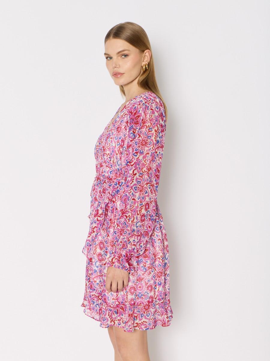 Berenice Robe Courte RAZIK à Imprimé Floral Manches Bouffantes Volants Et Taille Nouée