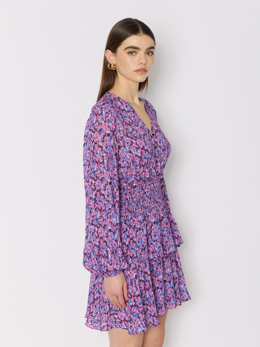 Berenice Robe Courte ROBERTINA Col En V Manches Bouffantes Volants Et Fils De Lurex