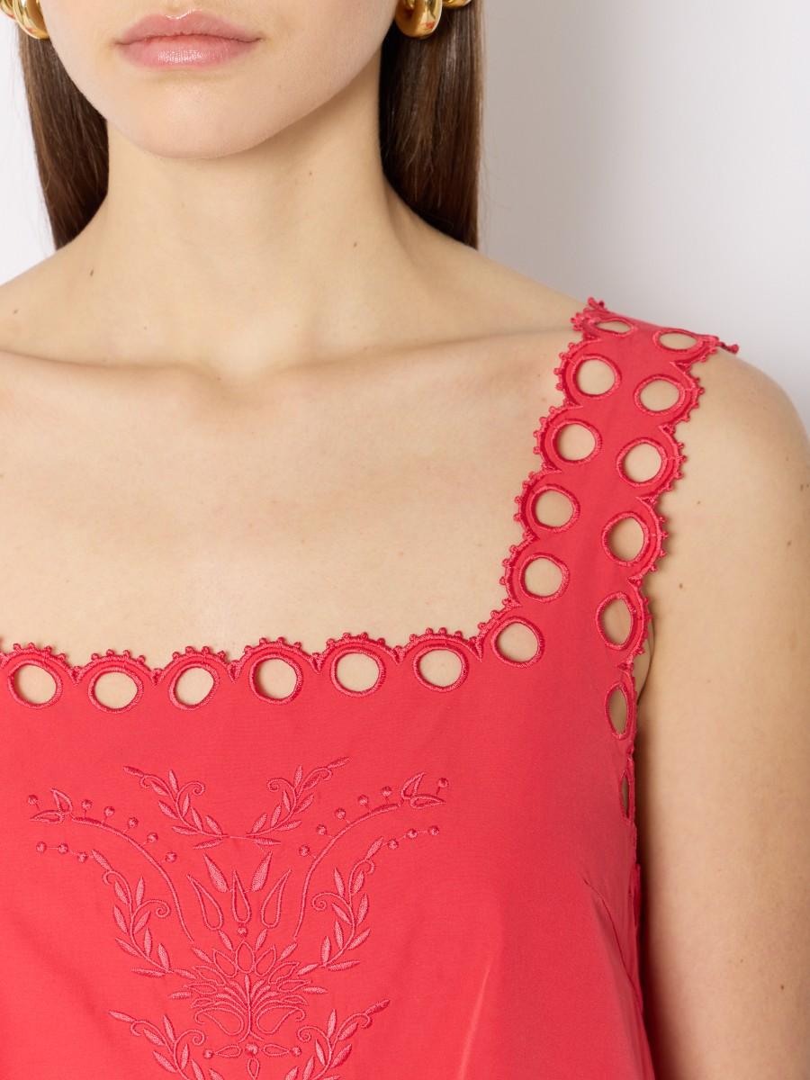 Berenice Robe Courte Rouge RIZZY Coupe Ample Bretelles Larges Et Broderies Anglaises