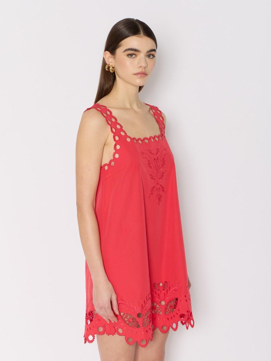 Berenice Robe Courte Rouge RIZZY Coupe Ample Bretelles Larges Et Broderies Anglaises