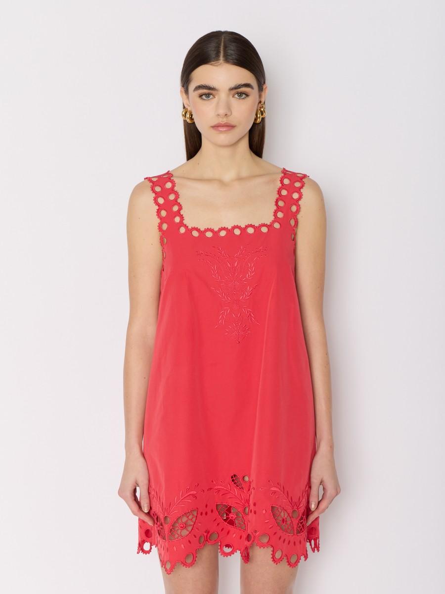 Berenice Robe courte rouge RIZZY coupe ample bretelles larges et broderies anglaises