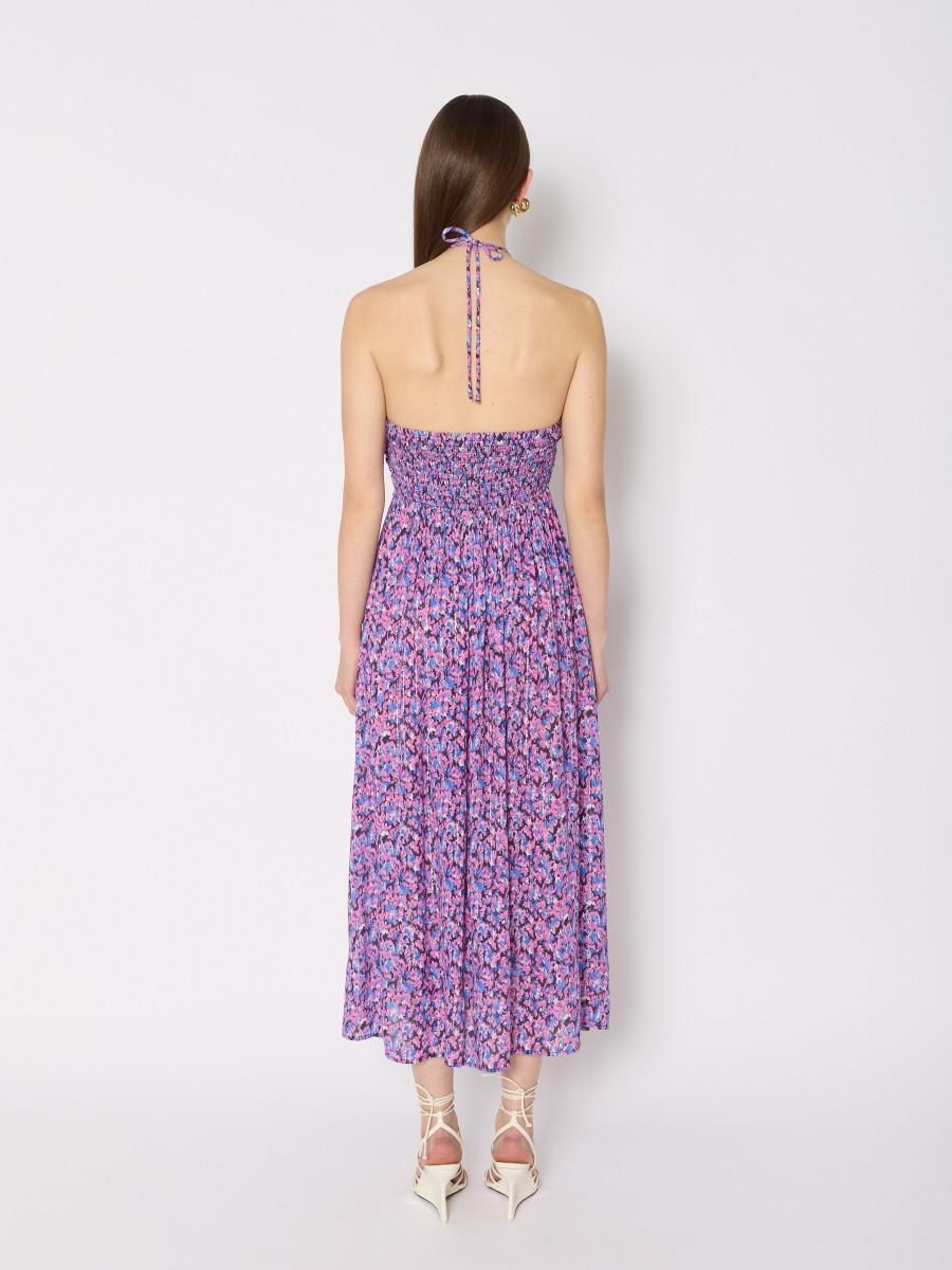 Berenice Robe Midi RILIANA Tissu Fluide Dos Nu Micro-fleurs Et Fils De Lurex