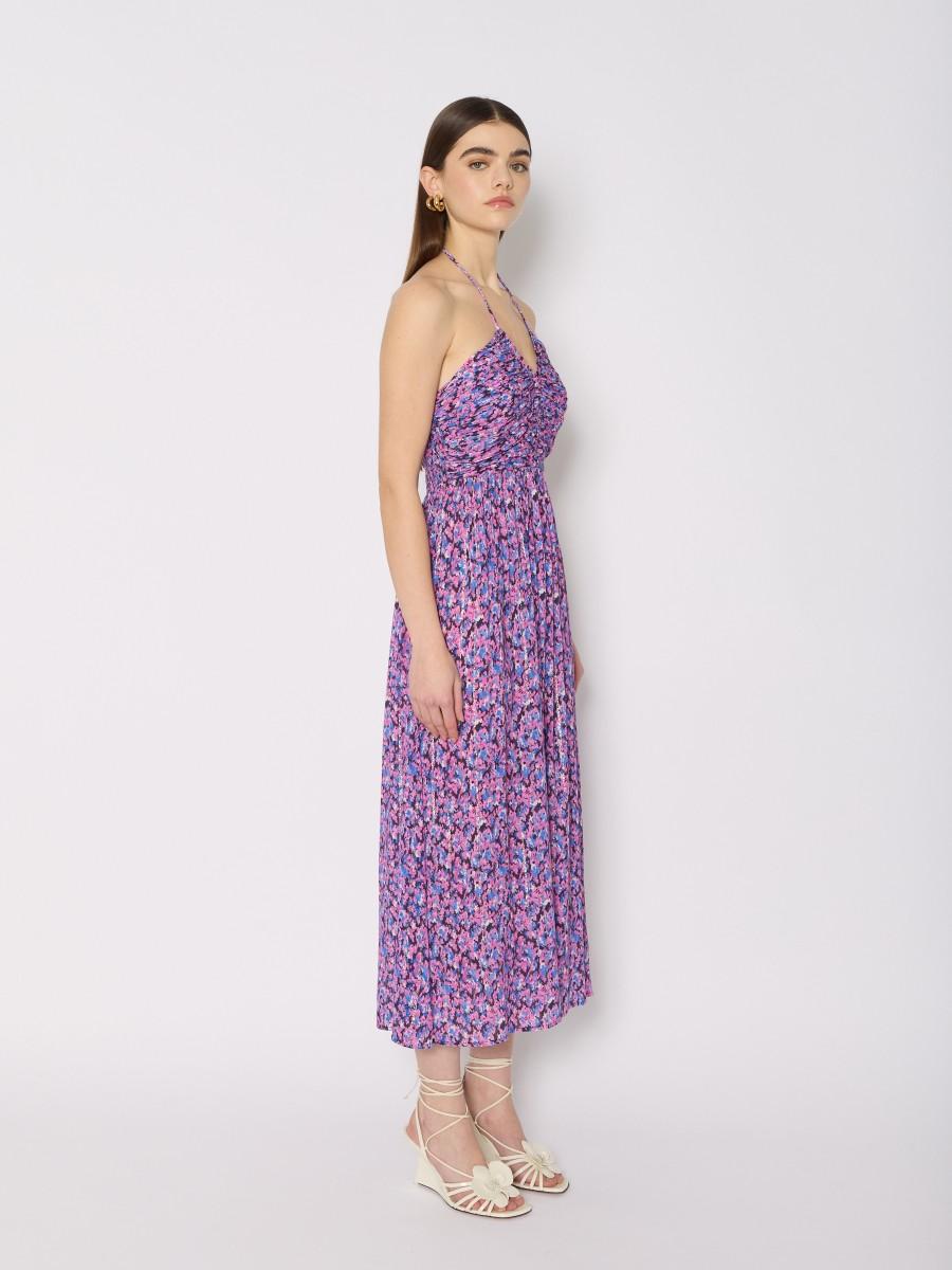 Berenice Robe Midi RILIANA Tissu Fluide Dos Nu Micro-fleurs Et Fils De Lurex