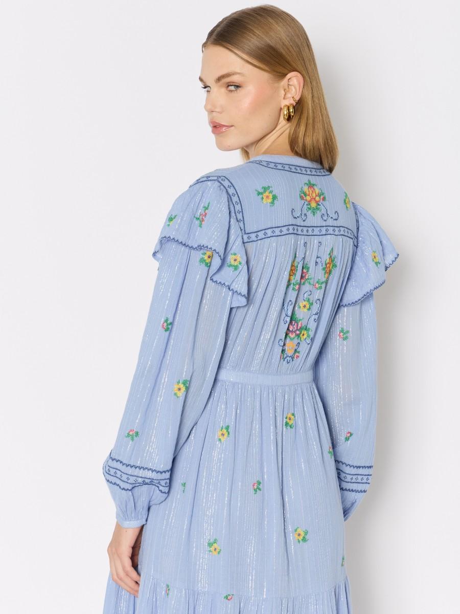 Berenice Robe RAMENCITA – Tissu Fluide Broderies Florales Col En V Manches Bouffantes