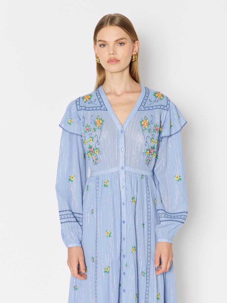 Berenice Robe RAMENCITA – Tissu Fluide Broderies Florales Col En V Manches Bouffantes