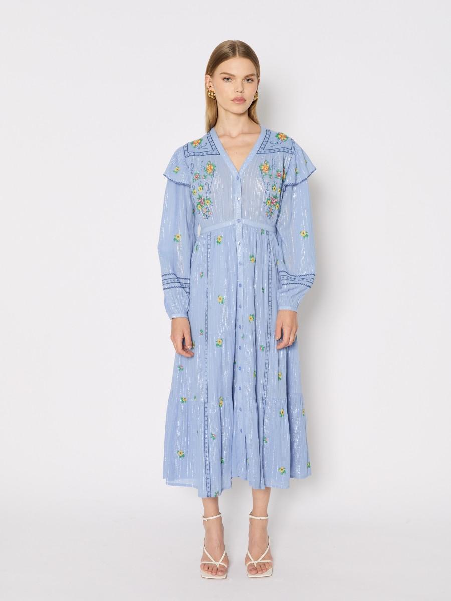 Berenice Robe RAMENCITA – Tissu fluide broderies florales col en V manches bouffantes