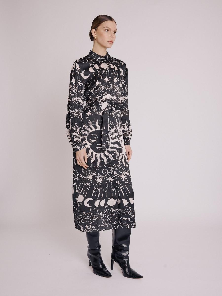 Berenice Robe RELANA Robe Longue Noire Imprimé Astral