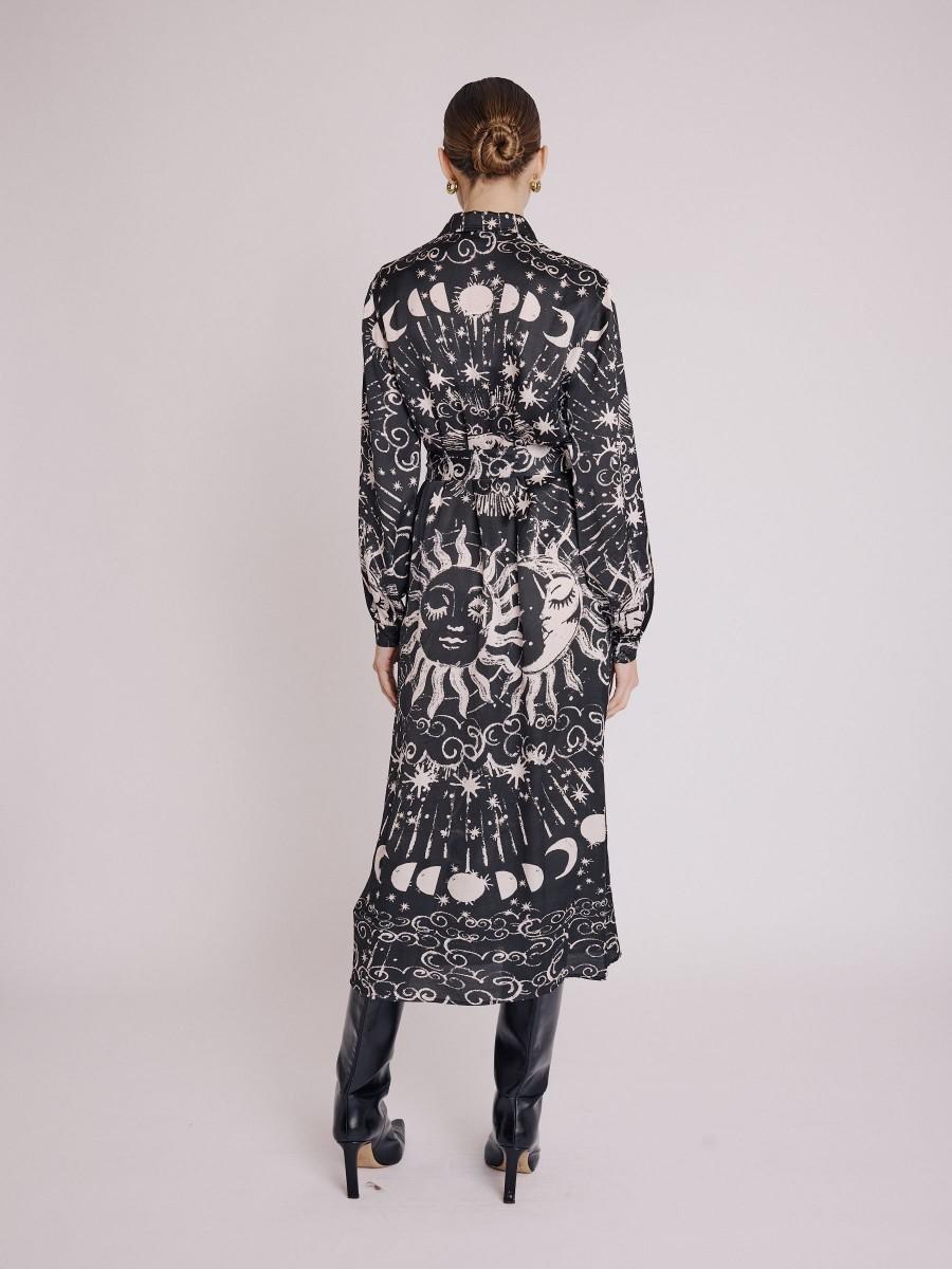 Berenice Robe RELANA Robe Longue Noire Imprimé Astral