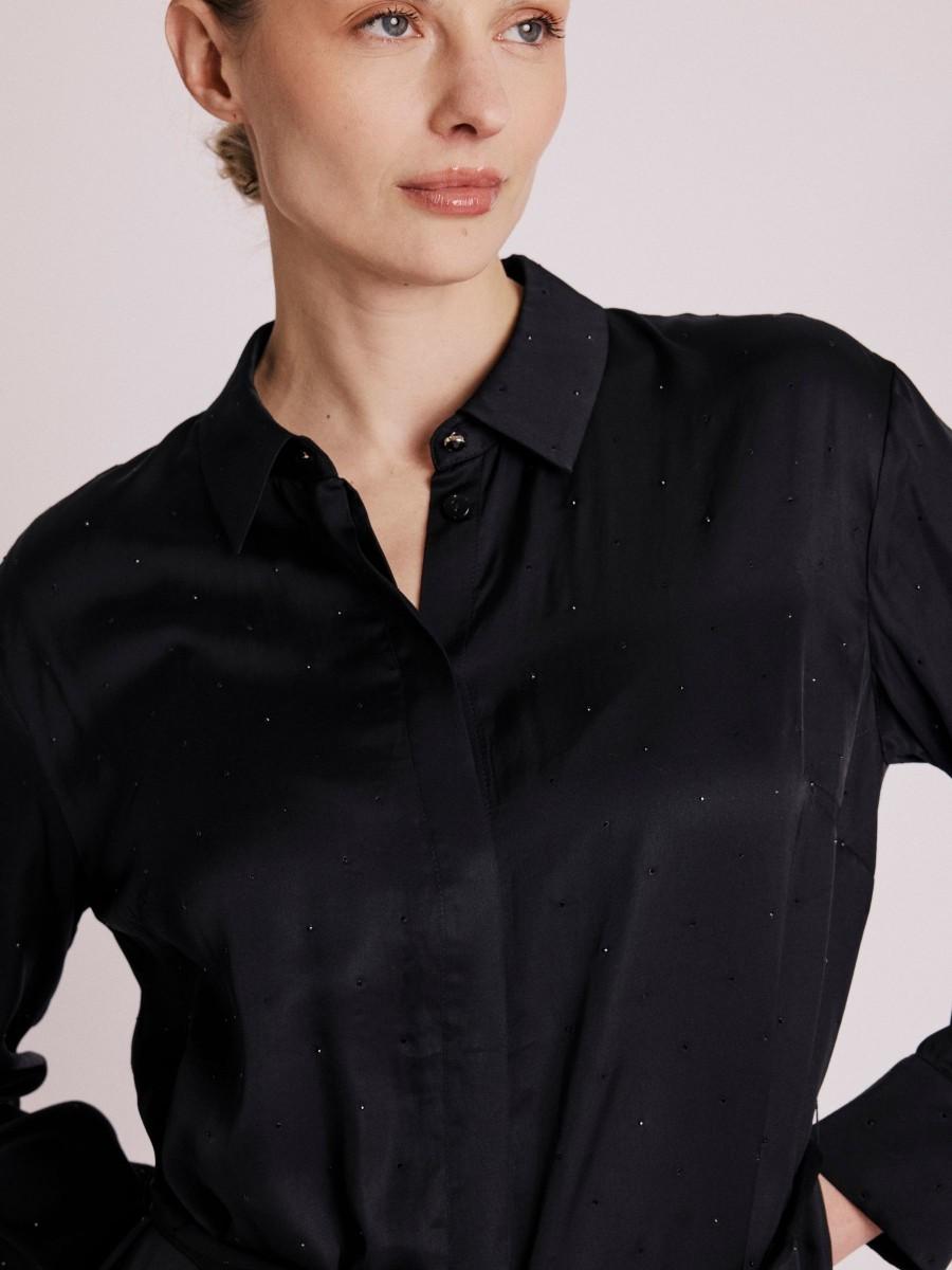 Berenice Robe RESIA Robe Chemise Noire Satinée Avec Strass
