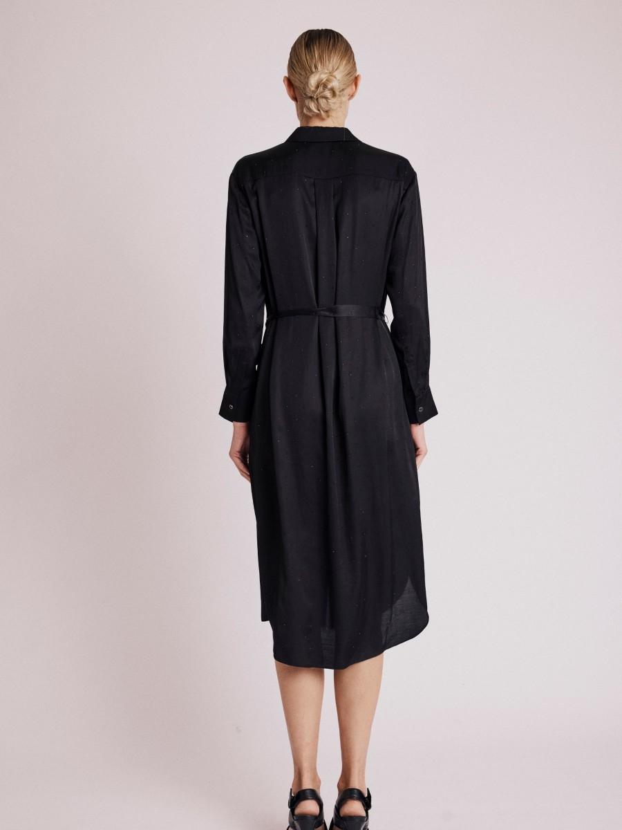 Berenice Robe RESIA Robe Chemise Noire Satinée Avec Strass