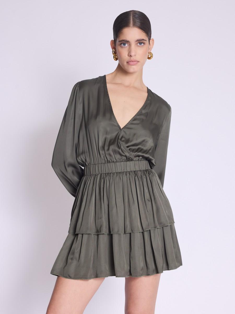 Berenice Robe RIMINI Robe Courte Khaki à Encolure Cache-cœur Avec Volants