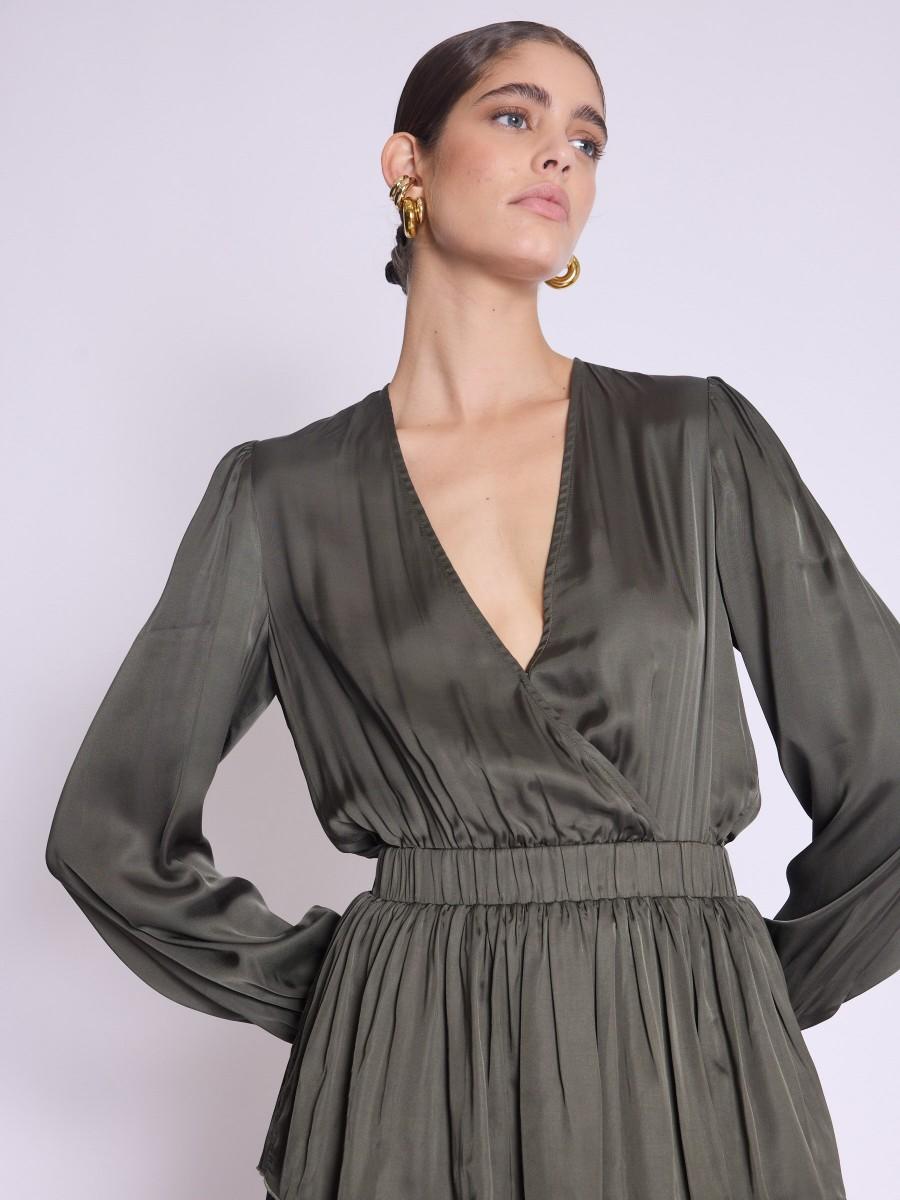 Berenice Robe RIMINI Robe Courte Khaki à Encolure Cache-cœur Avec Volants