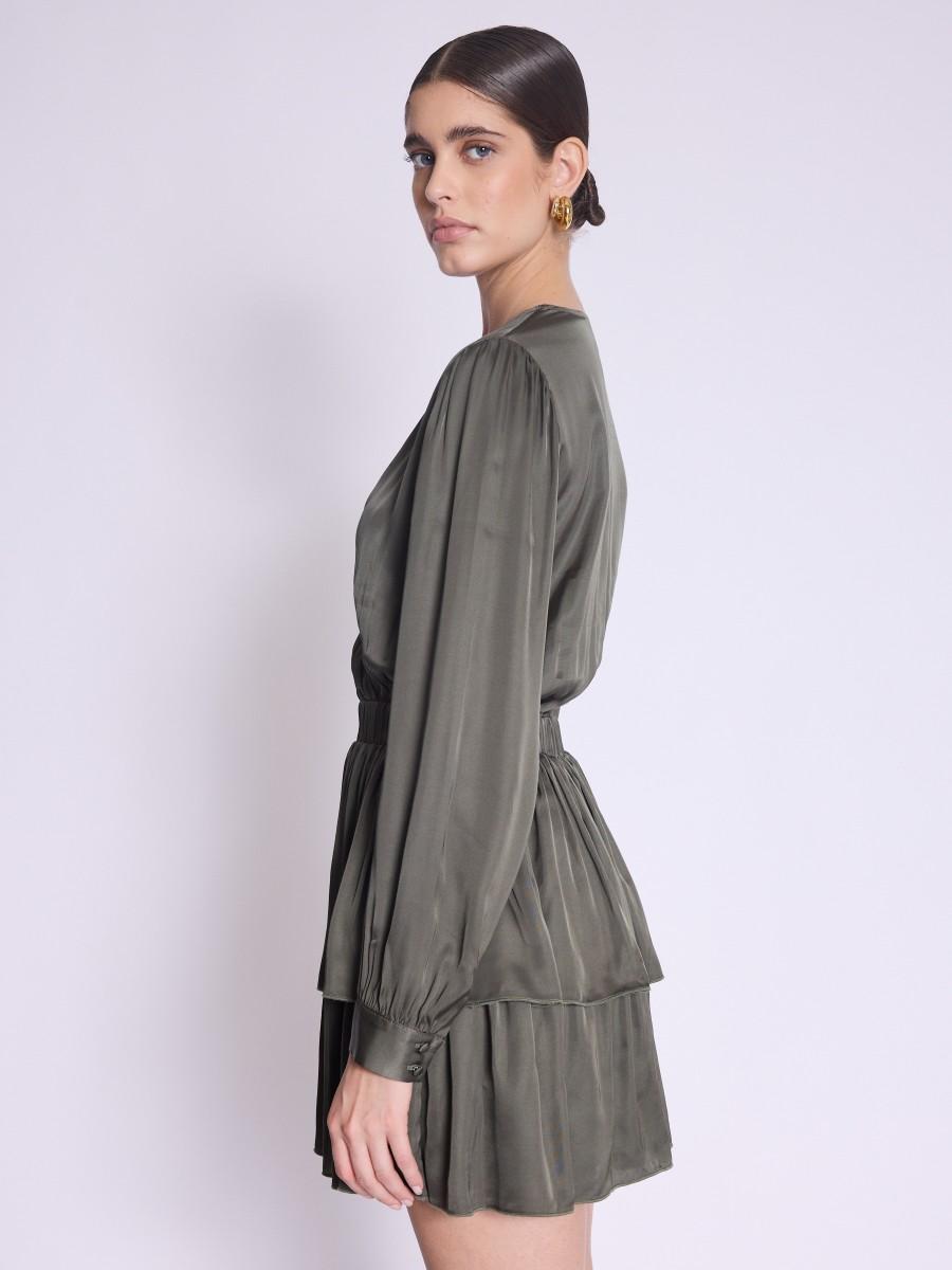 Berenice Robe RIMINI Robe Courte Khaki à Encolure Cache-cœur Avec Volants