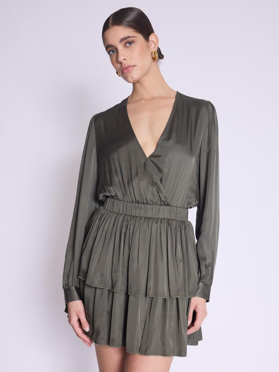 Berenice Robe RIMINI Robe courte khaki à encolure cache-cœur avec volants
