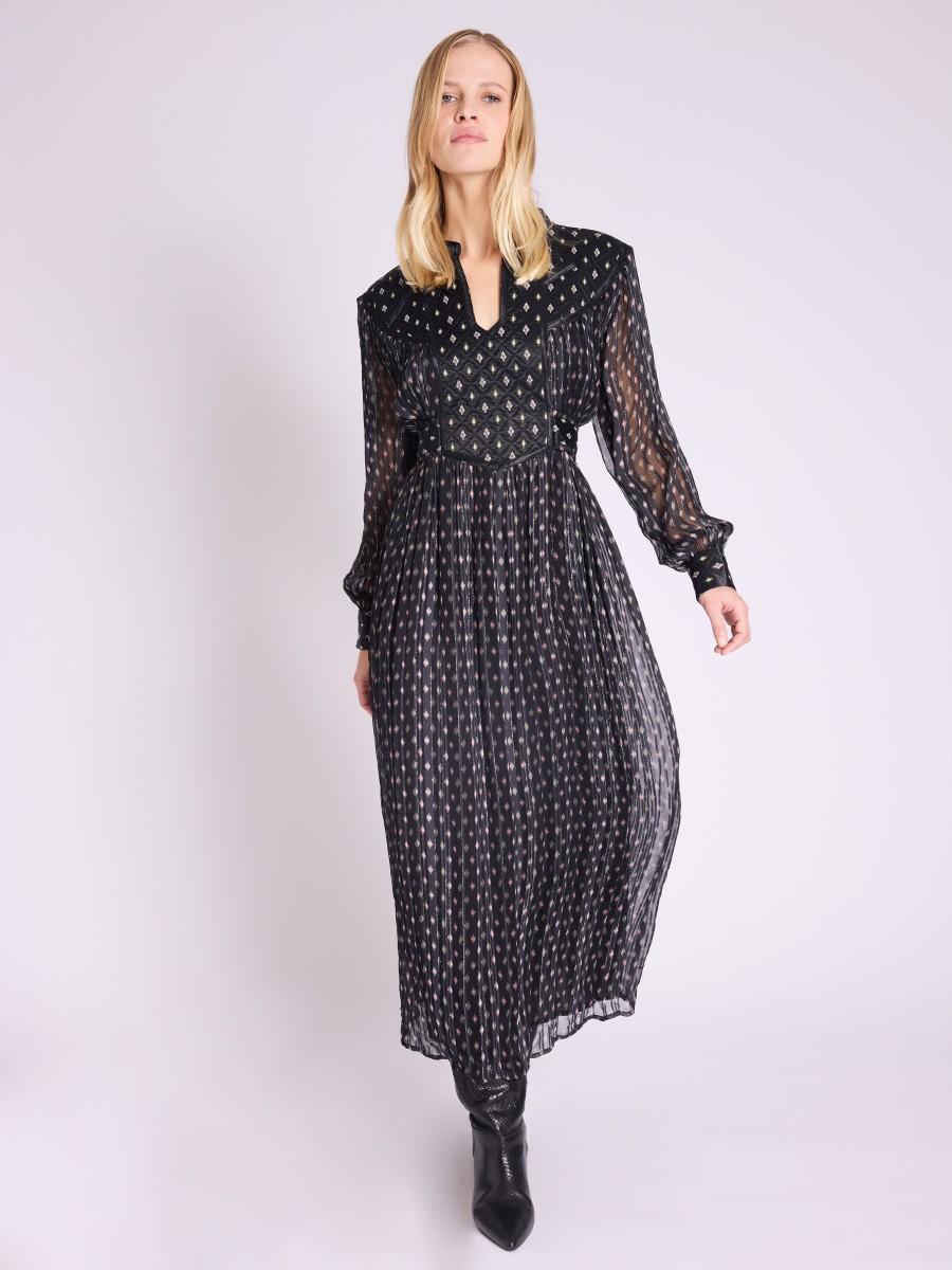 Berenice Robe RONNI Robe Longue Noire Découpe Matelassé à Motifs