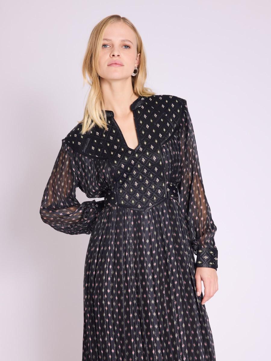 Berenice Robe RONNI Robe Longue Noire Découpe Matelassé à Motifs