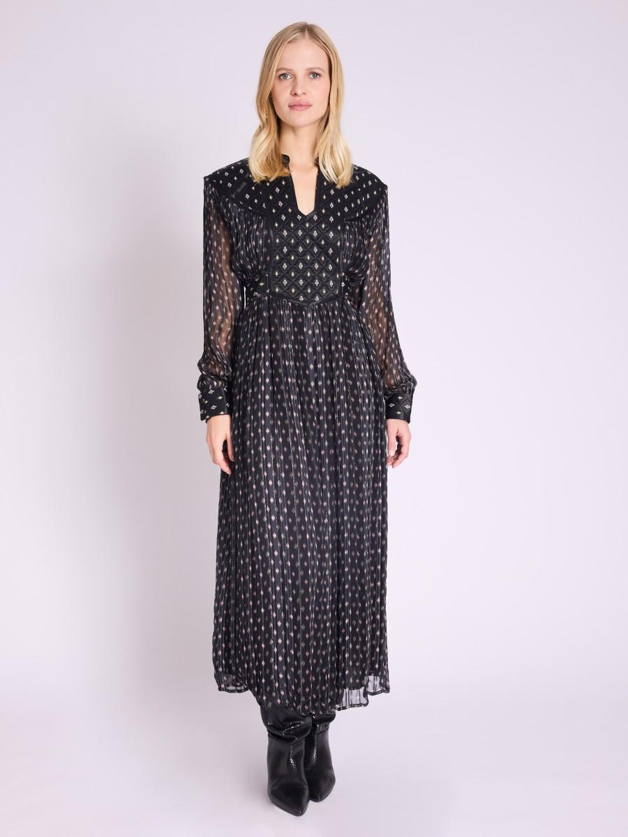 Berenice Robe RONNI Robe Longue Noire Découpe Matelassé à Motifs