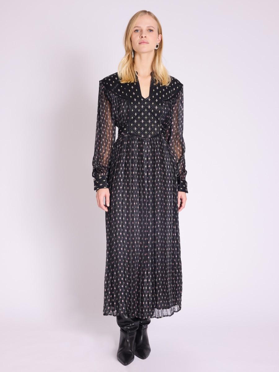 Berenice Robe RONNI Robe longue noire découpe matelassé à motifs