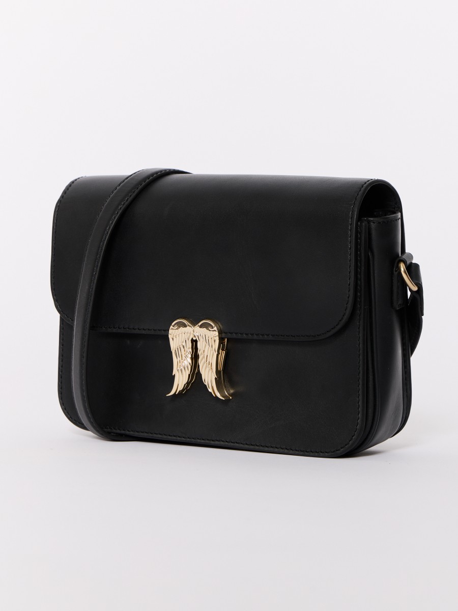 Berenice Sac En Bandoulière Noir AWINGS En Cuir Lisse Ailes Dorées Et Anse Réglable
