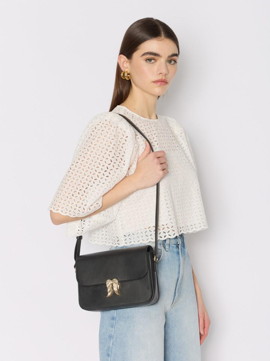 Berenice Sac en bandoulière noir AWINGS en cuir lisse ailes dorées et anse réglable