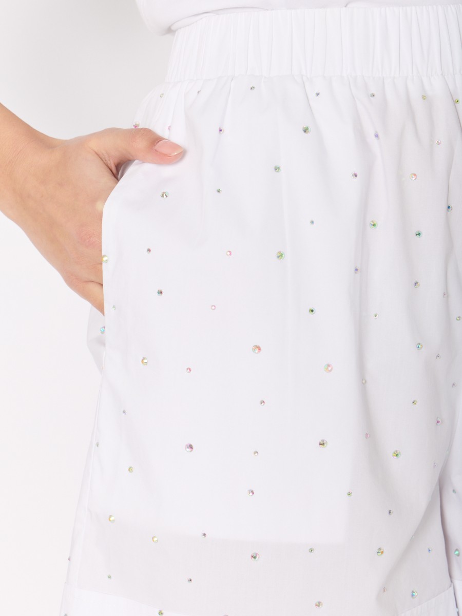 Berenice Short Blanc PSELINO – Popeline De Coton Taille élastique Strass Revers