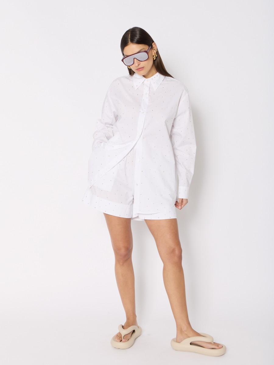 Berenice Short Blanc PSELINO – Popeline De Coton Taille élastique Strass Revers