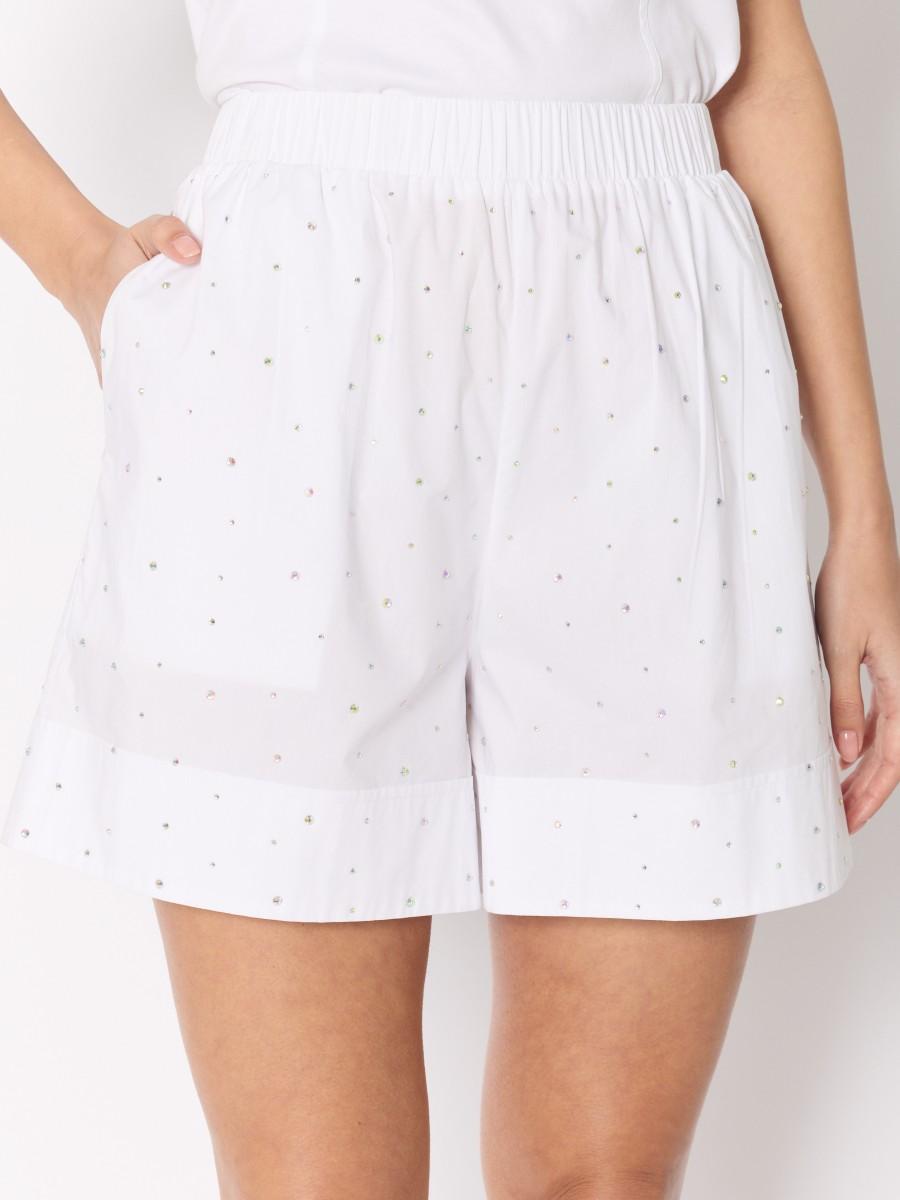 Berenice Short Blanc PSELINO – Popeline De Coton Taille élastique Strass Revers