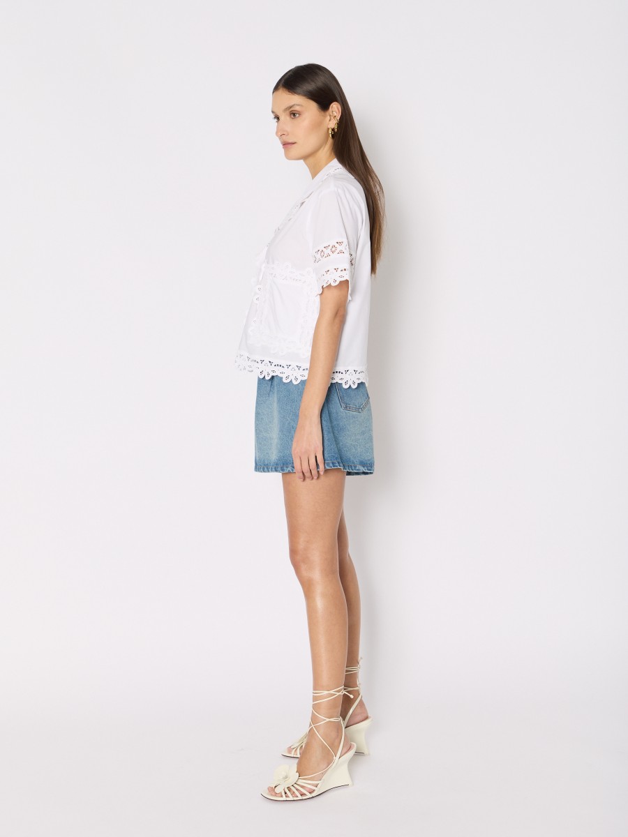 Berenice Short Court PSYLA En Denim Bleu Coupe évasée Large Et Pinces Sur Le Devant