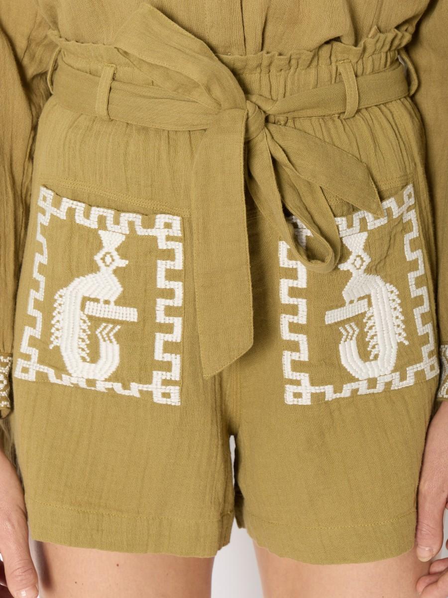 Berenice Short Khaki PSELMA En Coton Léger Ceinture Ajustable Et Poches Plaquées