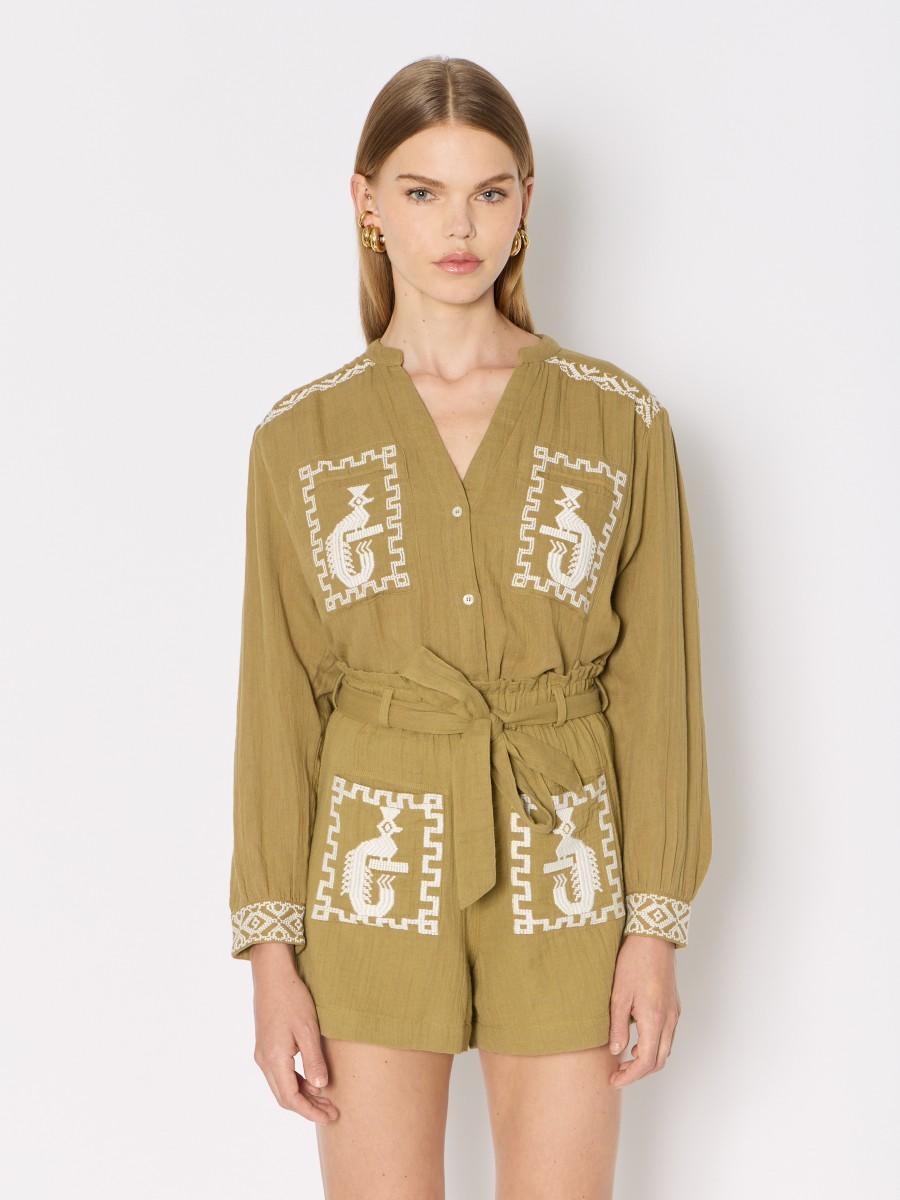 Berenice Short Khaki PSELMA En Coton Léger Ceinture Ajustable Et Poches Plaquées