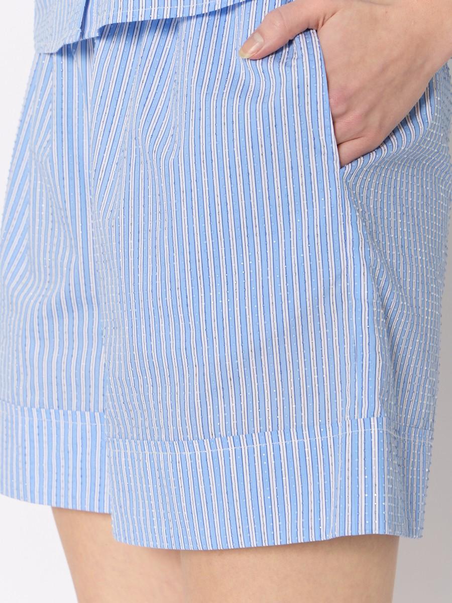 Berenice Short PSELIN – Bleu Rayé Coton Strass Transparents Style Boxer