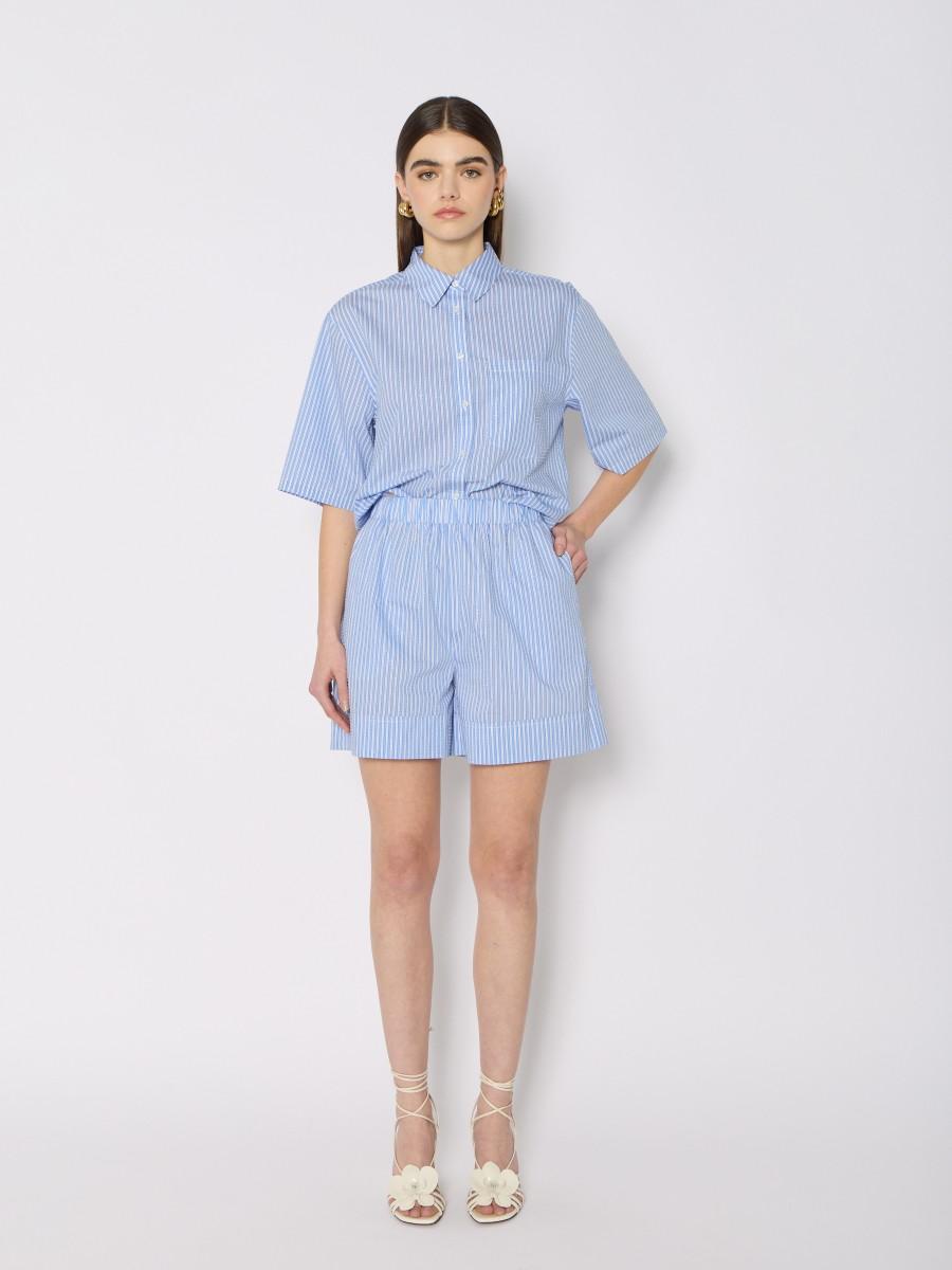 Berenice Short PSELIN – Bleu Rayé Coton Strass Transparents Style Boxer