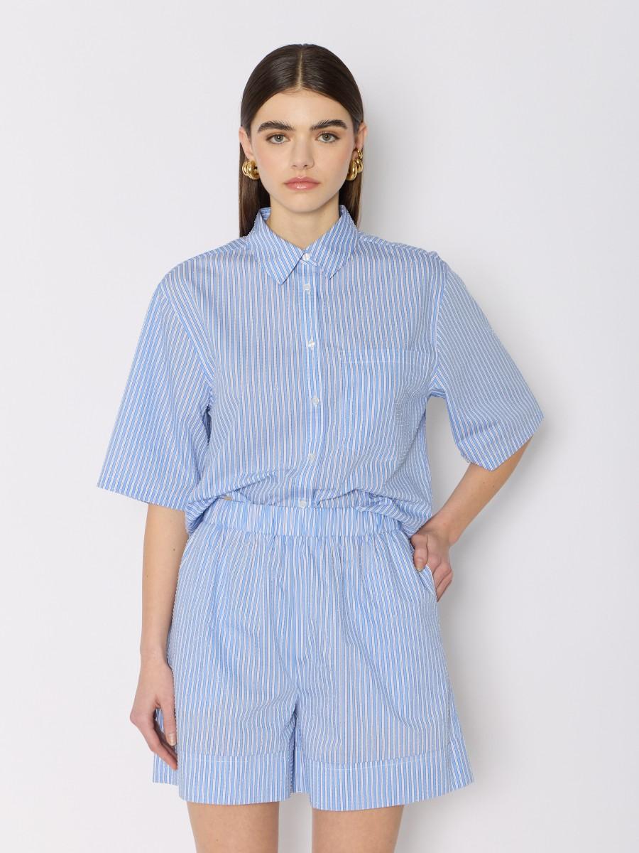 Berenice Short PSELIN – Bleu rayé coton strass transparents style boxer