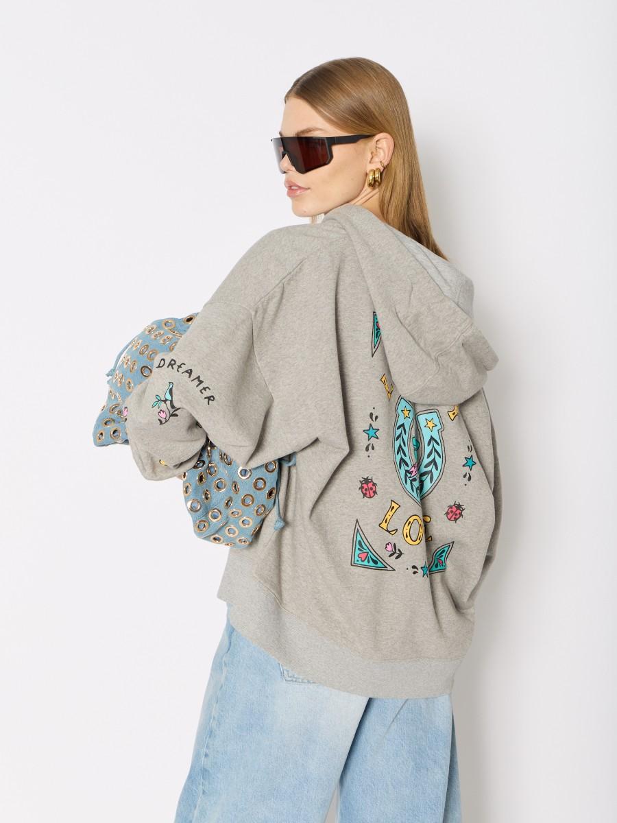 Berenice Sweat Gris SDORIANNA – Sweat à Capuche Zippé Coupe Oversize Motifs Colorés