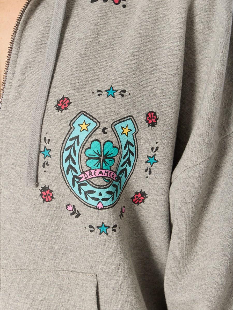 Berenice Sweat Gris SDORIANNA – Sweat à Capuche Zippé Coupe Oversize Motifs Colorés