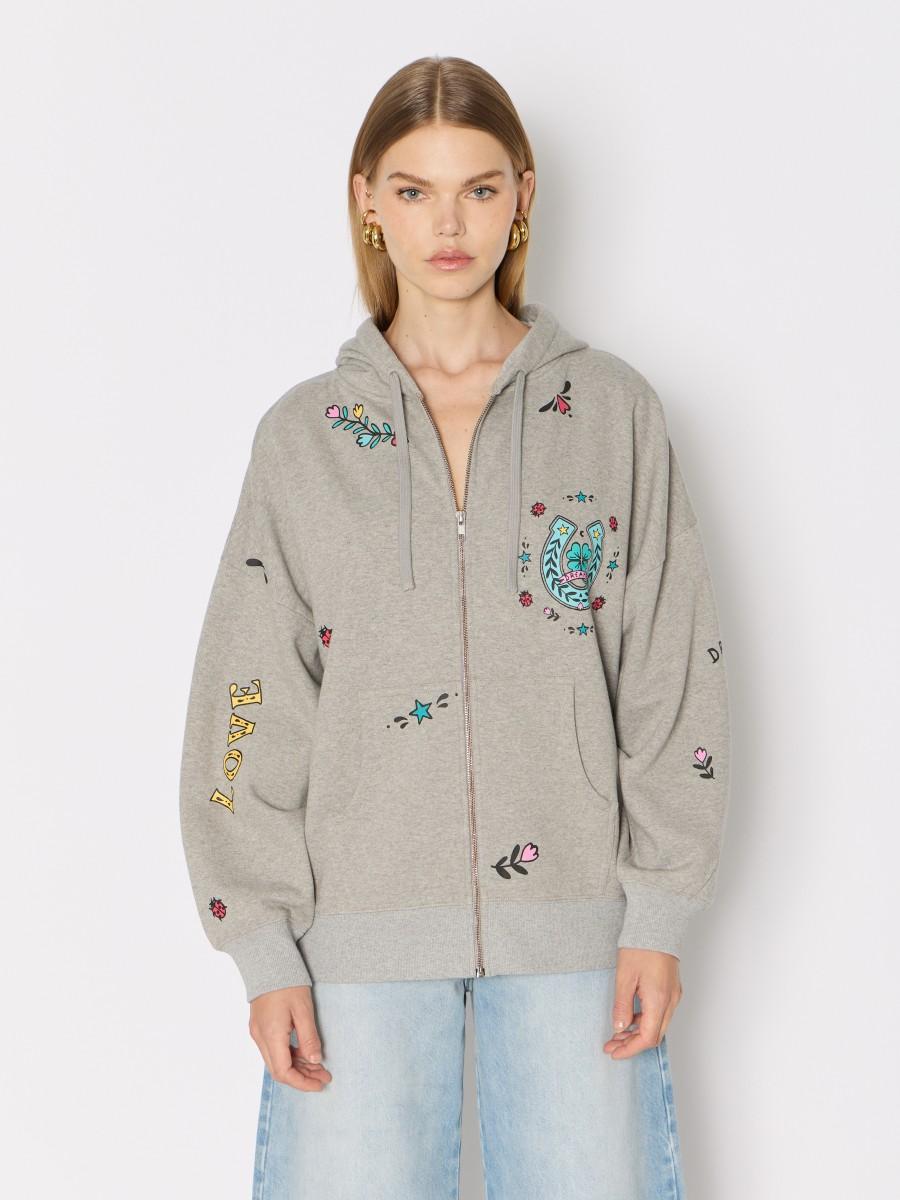 Berenice Sweat gris SDORIANNA – Sweat à capuche zippé coupe oversize motifs colorés