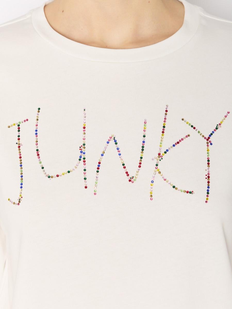 Berenice T-shirt Blanc En Coton TEJUNE – Coupe Ample Motif "JUNKY" En Strass Coloré