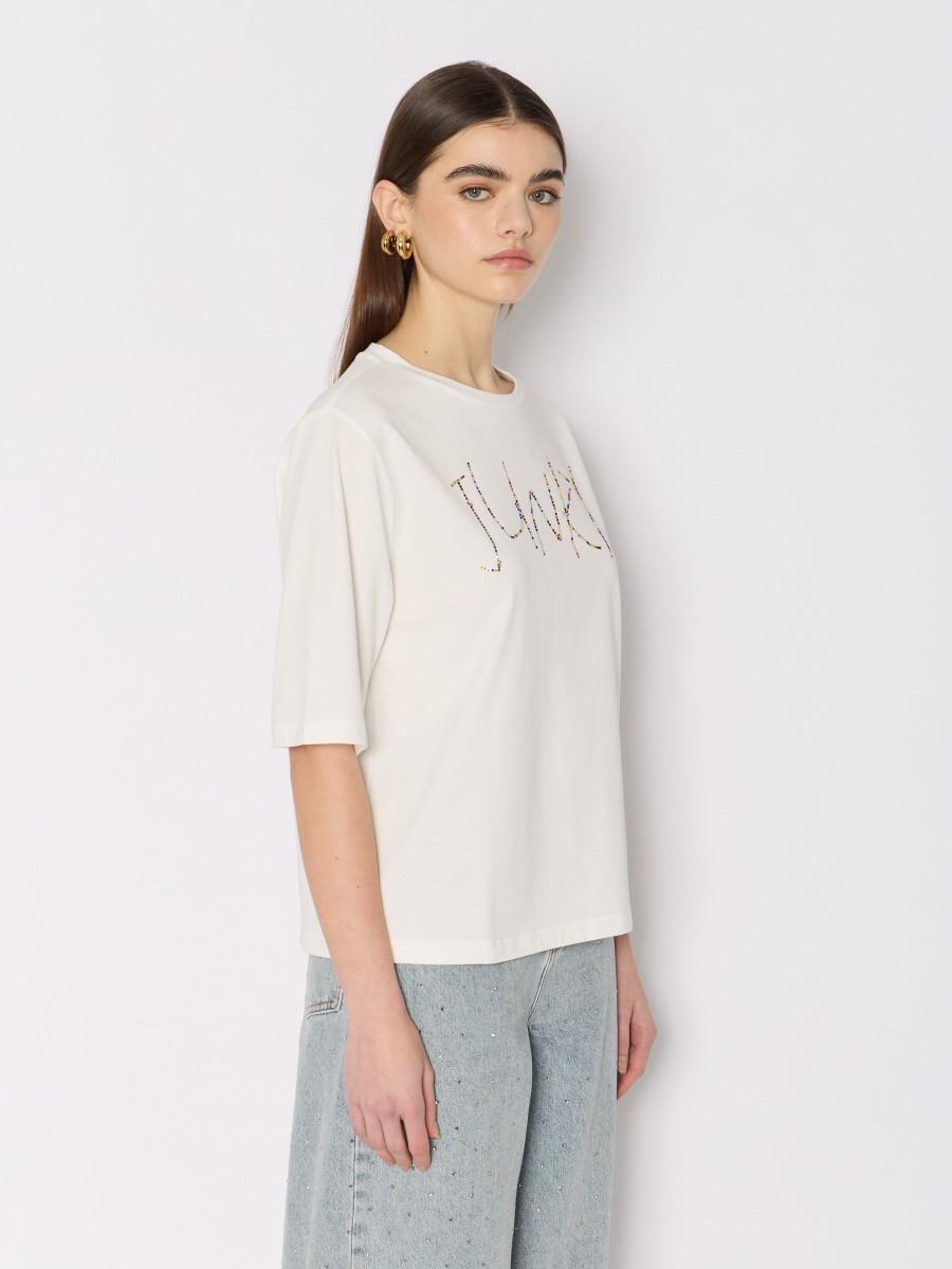 Berenice T-shirt Blanc En Coton TEJUNE – Coupe Ample Motif "JUNKY" En Strass Coloré