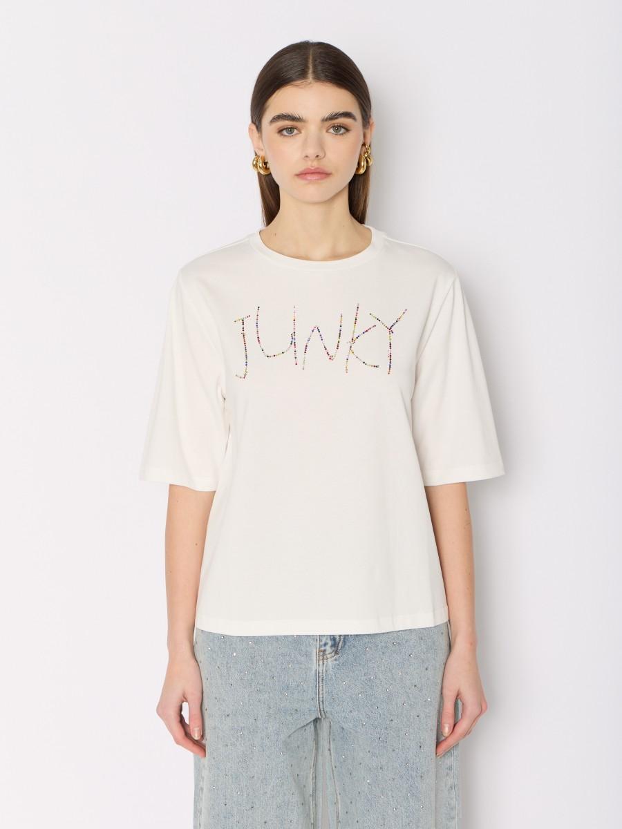 Berenice T-shirt blanc en coton TEJUNE – Coupe ample motif "JUNKY" en strass coloré