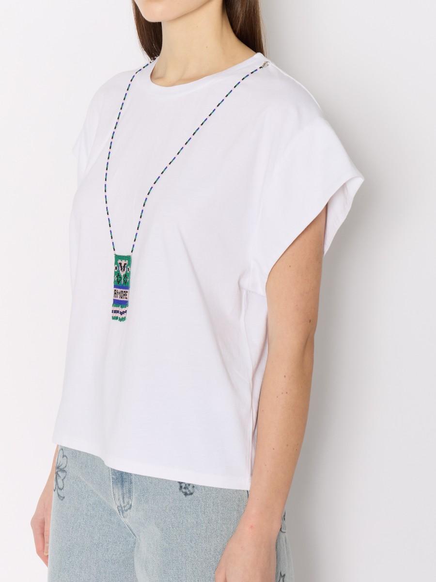 Berenice T-shirt Blanc TELAMORE – Manches Courtes Col Rond Collier En Perles Amovible