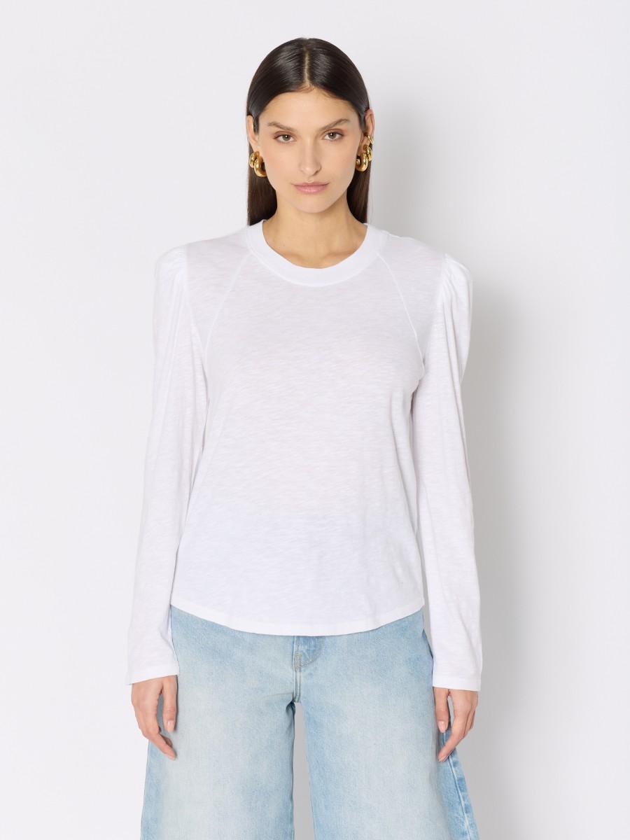Berenice T-shirt blanc uni TEULALIE avec épaules froncées et manches longues
