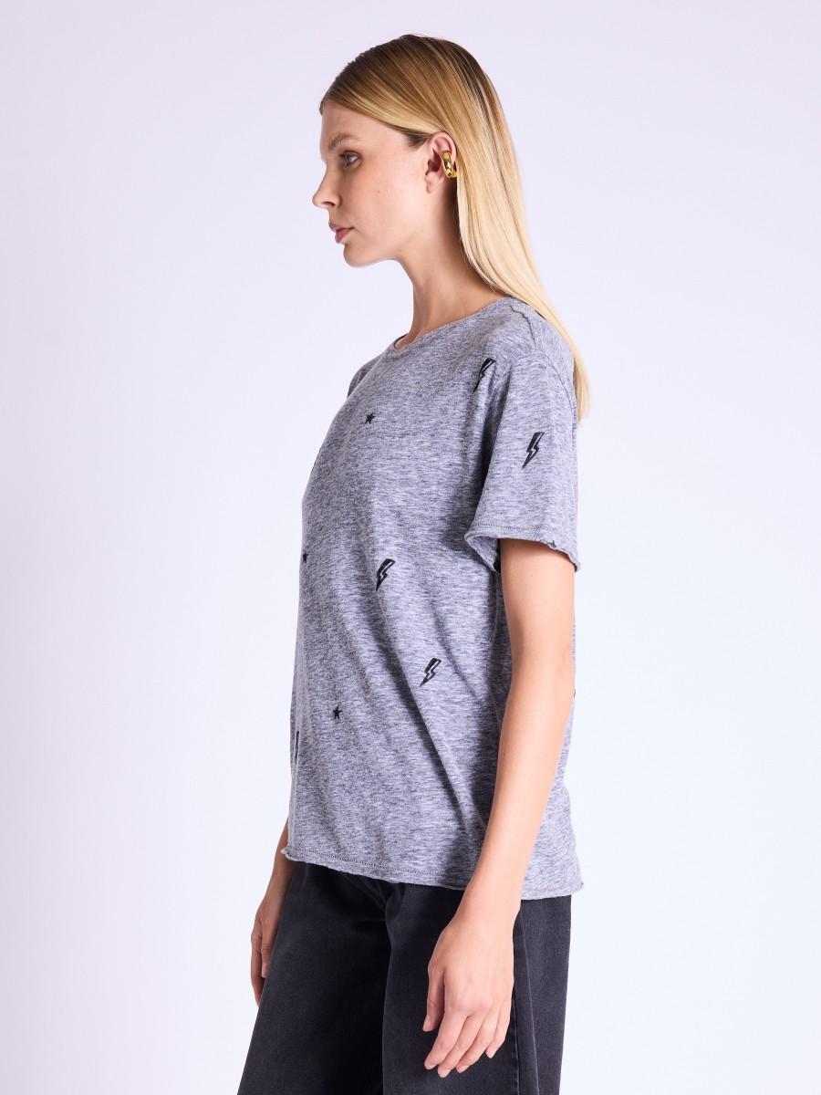 Berenice T-shirt EDEN T-shirt Gris Chiné à Motif éclairs Et étoiles