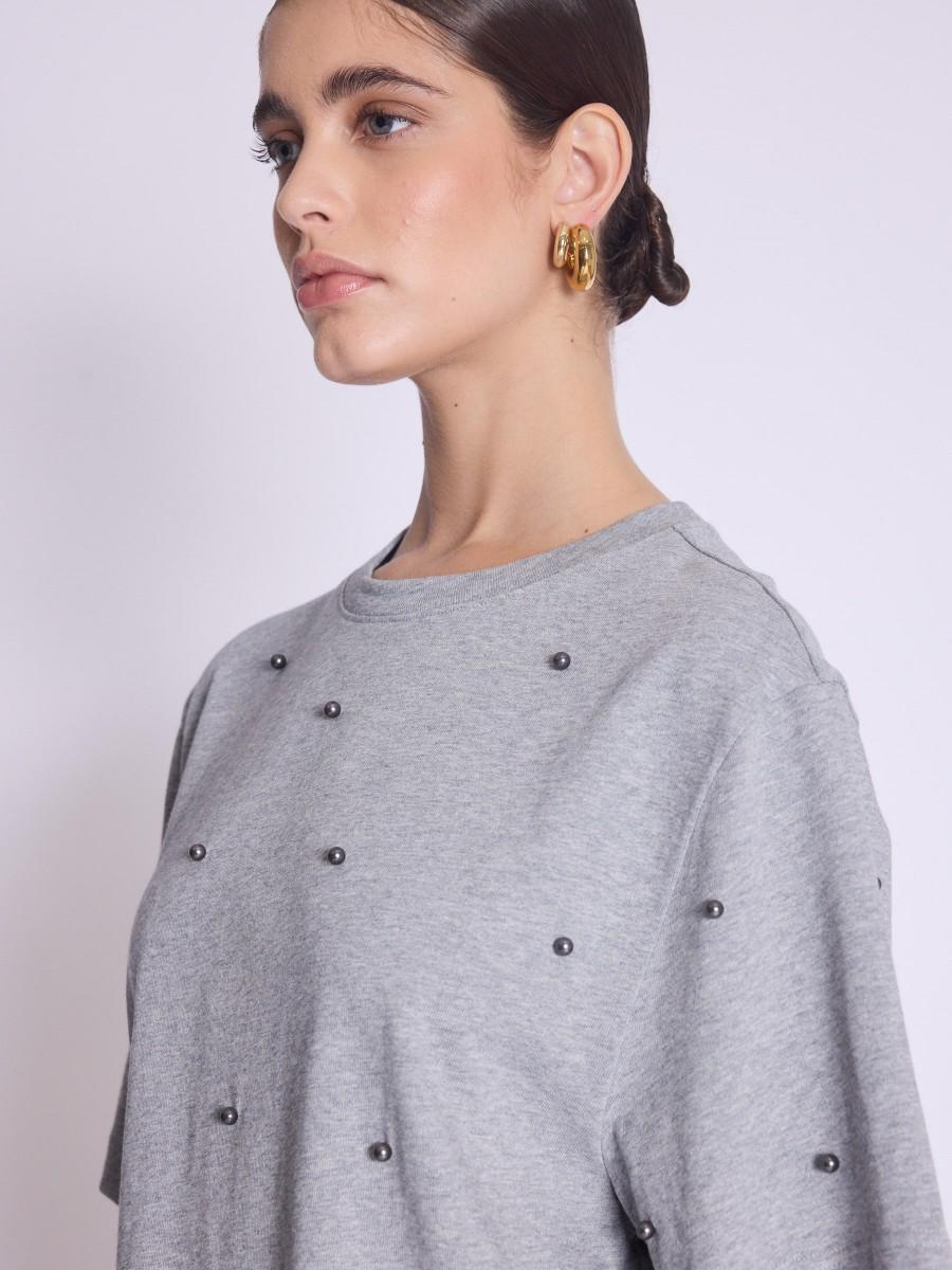 Berenice T-shirt ENZO T-shirt Gris Oversize à Perles