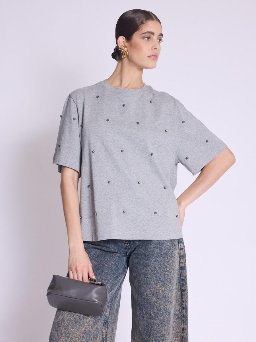 Berenice T-shirt ENZO T-shirt Gris Oversize à Perles
