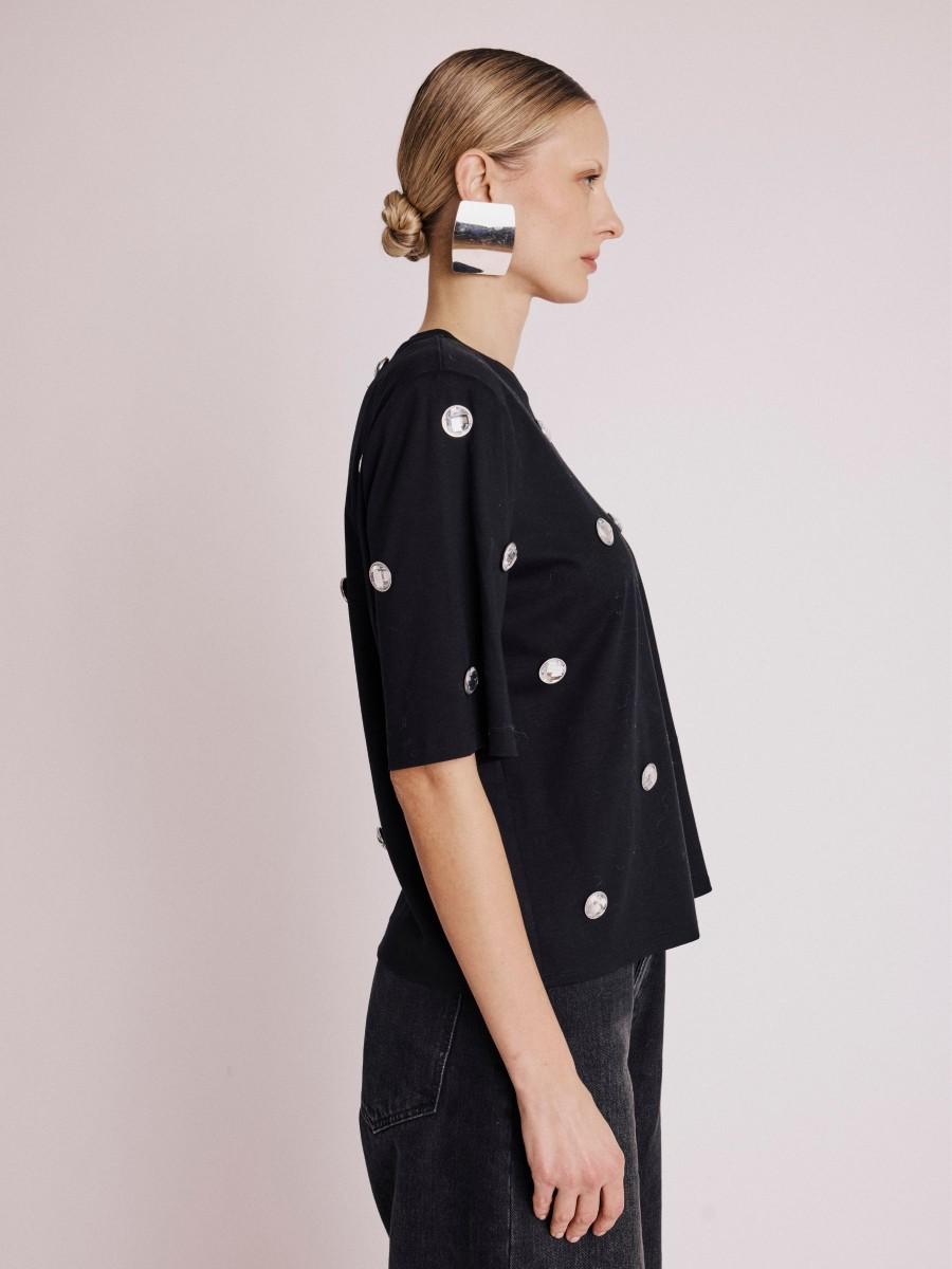 Berenice T-Shirt ESTUD T-shirt Noir Col Rond Avec Studs Brillants