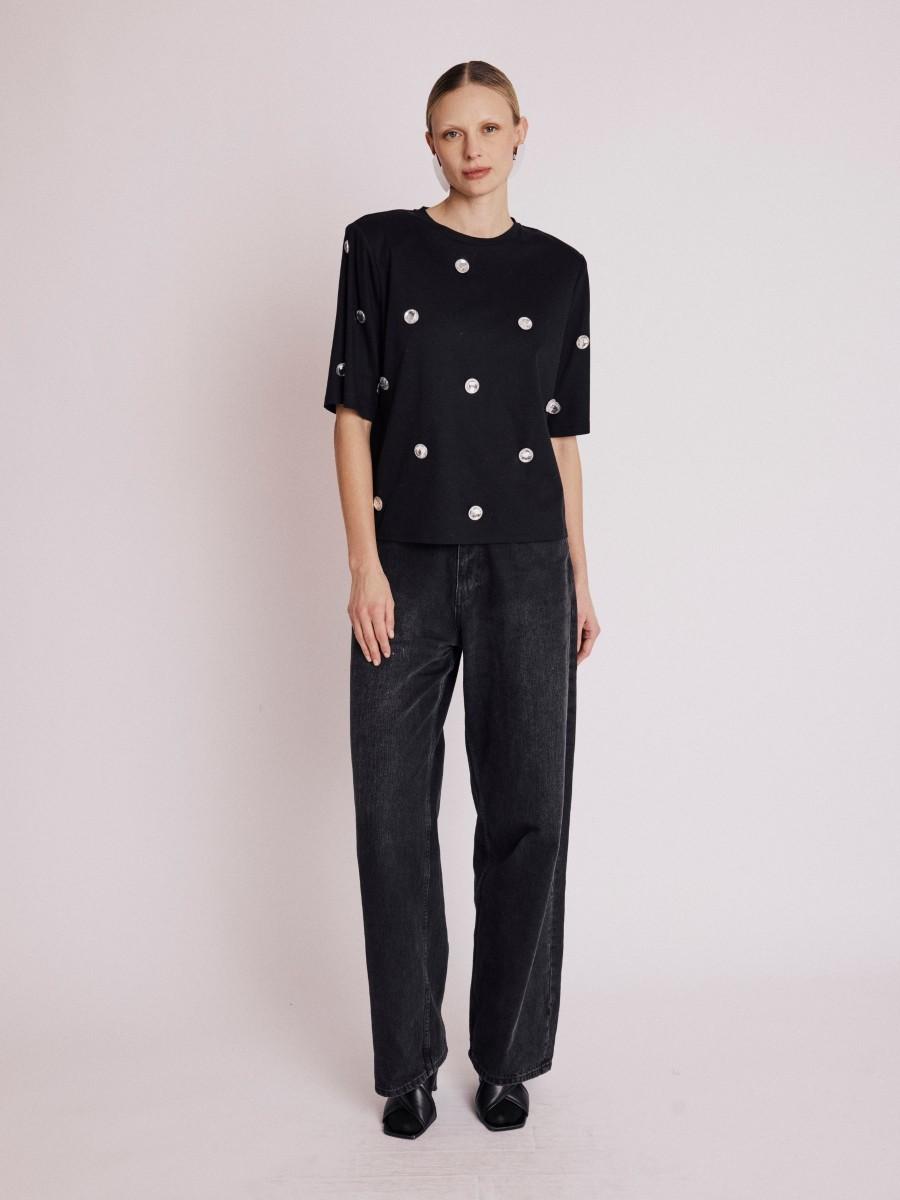 Berenice T-Shirt ESTUD T-shirt Noir Col Rond Avec Studs Brillants